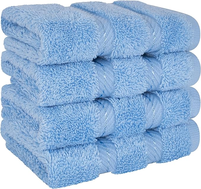 American Soft Linen Luxury Washcloths for Bathroom, 600 GSM 100% Cotton 4 Piece Turkish Wash Cloth Set, 13x13 in Soft Rags for Body and Face, Sky Blue Washcloths