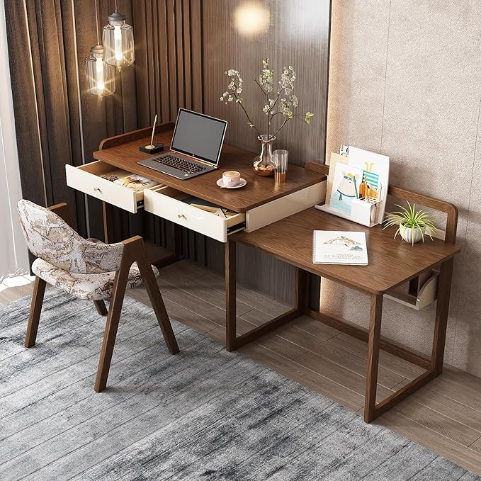 Lartis Extendable to 70" Solid Wood Desk, Storage Study Table with Side Unit, Multifunctional Workbench, Modern Office and Study Computer Desk