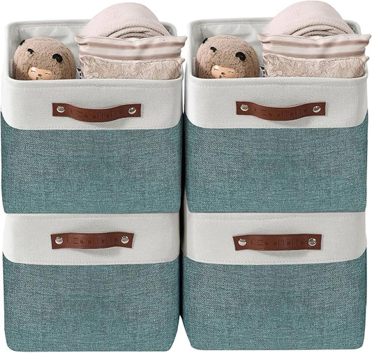 DECOMOMO Storage Bins Fabric Storage Baskets for Shelves, Linen Closet Organization Toys Nursery (Green and White, Large - 4 Pack)