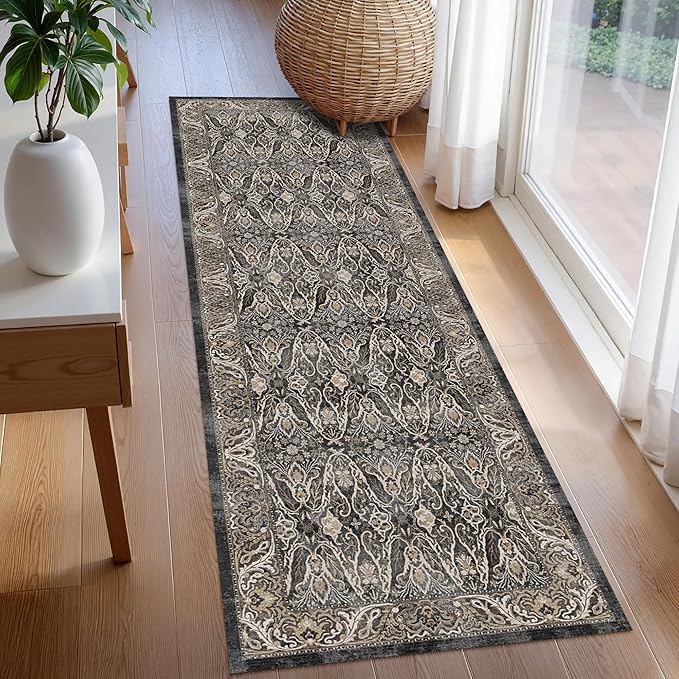 Washable Area Rug 2'6'' x 8' Vintage Traditional Persian Mat - Foldable Distressed Non-Slip Machine Washable Carpet for Living Room Bedroom Kitchen Home Decor - Ebony and Taupe