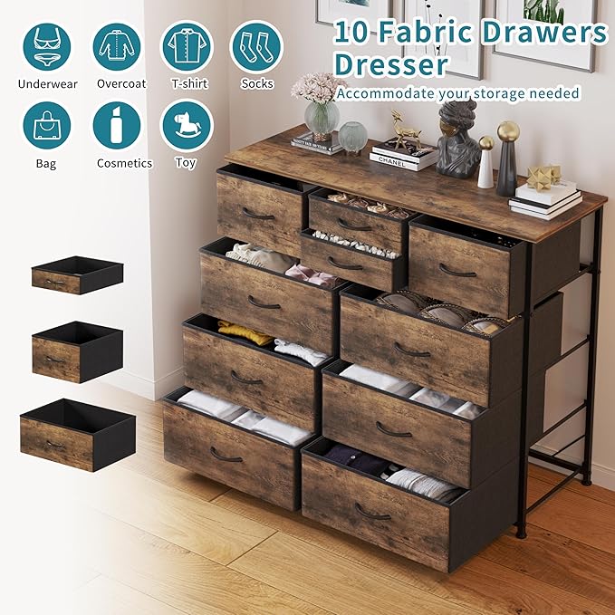 LUMTOK 10-Drawer Dresser, Fabric Storage Dressers for Bedroom, Hallway, Nursery, Closets, Steel Frame, Wood Top, Easy Pull Handle (Rustic Brown)