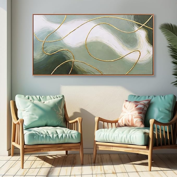 Abstract Wall Art Minimalism Green White and Gold Lines Boho Canvas Wall Decor Framed Artwork Modern Home Wall Decor for Living Room Bedroom Office 29"x58"