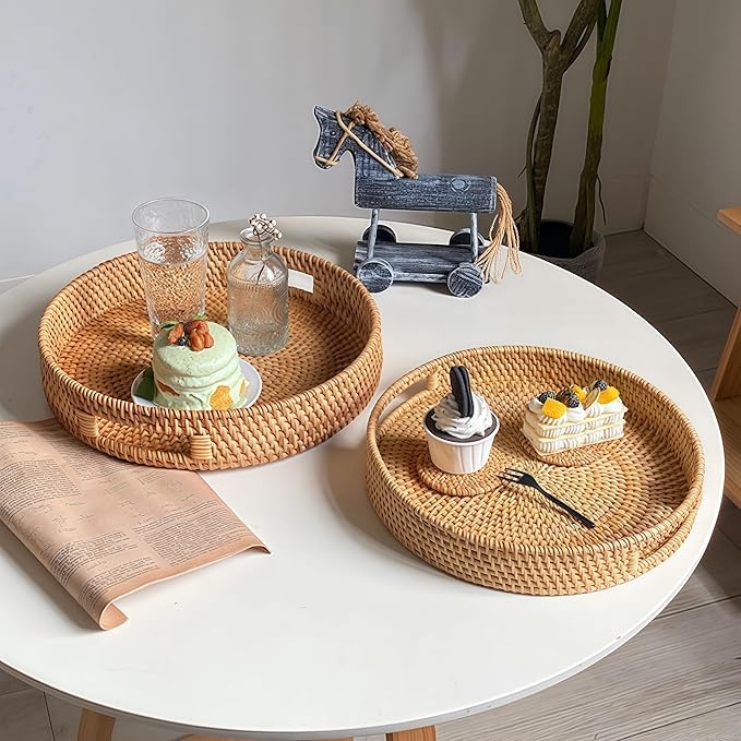 14.2" Round Rattan Tray, Hand Woven Serving Tray with Handles, Wicker Serving Basket, Decorative Tray for Home Decor, Natural