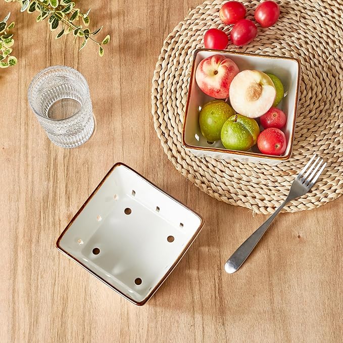 ONEMORE Ceramic Berry Basket Square Fruit Bowls with Holes Berry Bowl Colander Fruit Basket for Kitchen Décor - 5.8" Berry Containers for Fridge, Set of 2, Cream White