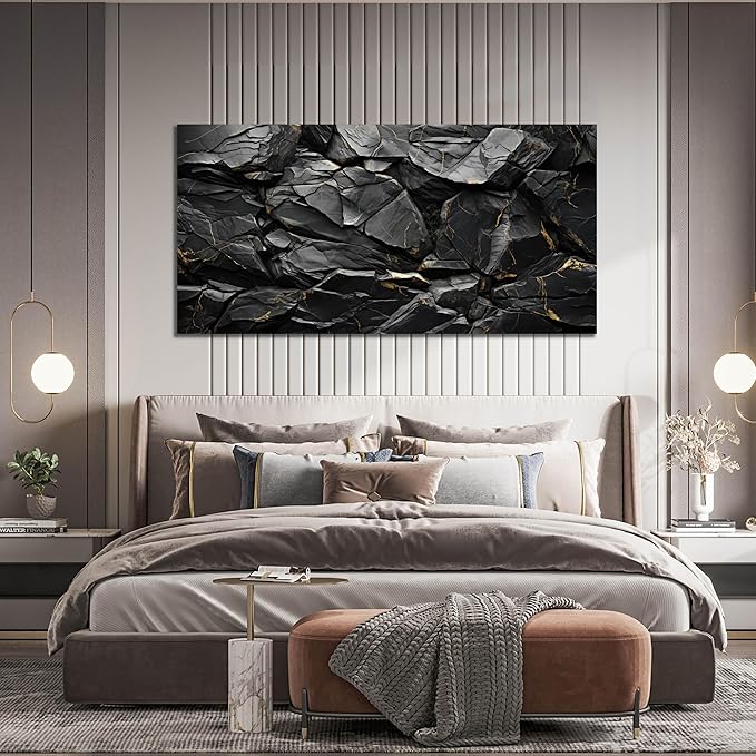 Black Stone with Golden Vein Canvas Wall Art for Living Room, Smooth Flat Rock Picture Wall-Decor for Bedroom, Canvas Printed Artwork Decoration for Office, Large Size 59x29 Inches (Not 3D or Textured)