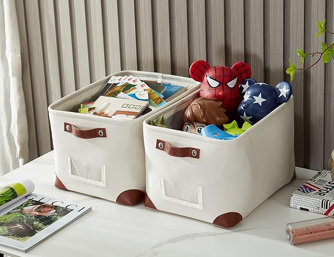 DECOMOMO White Storage Bins Fabric Storage Baskets for Shelves & Linen Closet Organization (Creamy White W/Label holder, Large - 3 Pack)