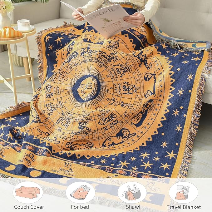 Boho Throw Blanket Reversible Cotton Bohemian Tapestry Hippie Room Decor Outdoor Blanket Double Sided (Boho Horoscope 50"x60")