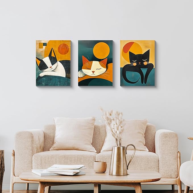 NAN Wind 3PCS 16L x 12W Cat Wall Art Canvas Print Sleeping Cat Tabby Mid Century Modern Geometric Animal Decor Minimalist Teal and Orange Retro Style Artwork for Bedroom Living Room Pet Lovers