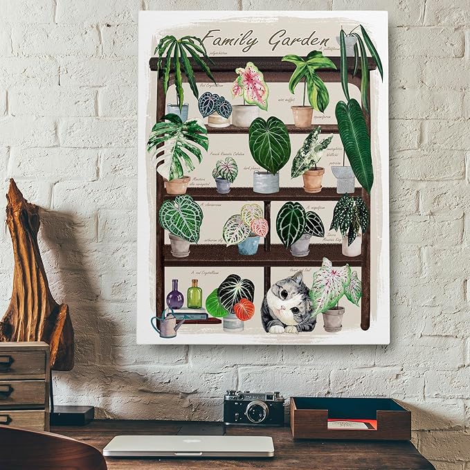 TimAsh Framed Funny Cat Botanical Wall Art Family Garden Modern Green Plant Decor Tropical Boho Style Cute Kitten Canvas Prints for Bedroom Bathroom Living Room 16'' x 12''