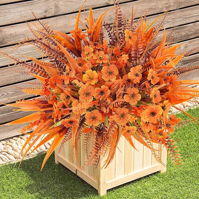Faux Fall Flowers Outdoor, 16Pcs Artificial Fall Flowers UV Resistant Autumn Plastic Flowers Plants Fall Greenery Shrubs for Outside Porch Patio Garden House Thanksgiving Decor