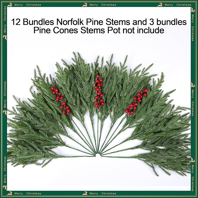 Artificial Faux Christmas Norfolk Pine Stems Branches for Vases,12 Bundles Fake Evergreen Real Touch Greenery Stem with 3 PCS Red Berry Branches for Xmas Holiday Winter Table Indoor Decor