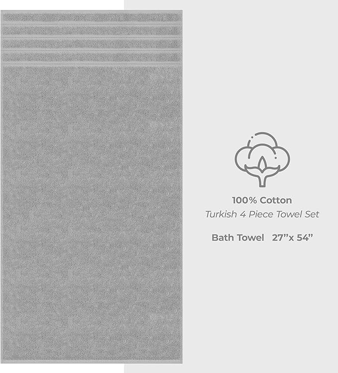 American Soft Linen Luxury 4 Piece Bath Towel Set, 600 GSM 100% Cotton Turkish Bath Towels for Bathroom, 27x54 in Large Bathroom Shower Towels, Light Grey