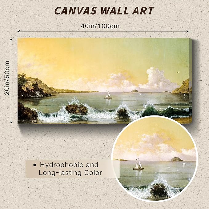 crmotu Large Landscape Wall Art, Beach Sunrise Dawn Vintage Painting, Bay Sailboat Scenery Art Prints, Coastal Wave Aesthetic Canvas Wall Decor Living Room Bedroom, Retro Nautical Pictures 20"X40"