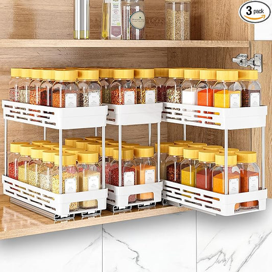 Pull Out Spice Rack Organizer for Cabinet, 3 Packs Slide Out Spice Racks Organizer, Spice Cabinet Organizers, Cabinet Size Need:12'' Highx11'' Deepx5'' Wide,Each Tier Hold 10 Spice Jar - 2 Tier, White