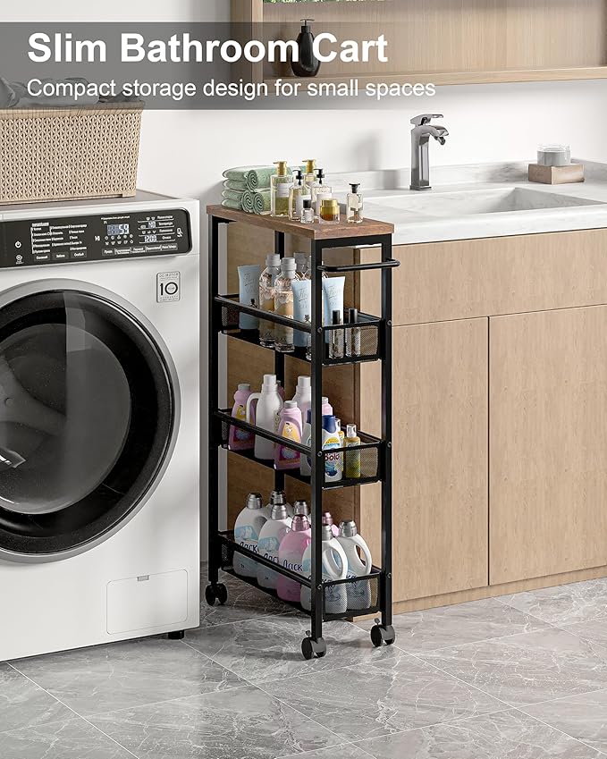 VECELO 4 Tier Slim Rolling Cart Organizer, Rolling Carts On Wheels with Storage, Sturdy Metal Frame Narrow Cart with Handle, Space Saving for Kitchen, Bathroom, Laundry, Rustic Brown