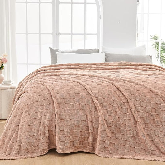 NEWCOSPLAY Super Soft Queen Blanket Taupe Premium Silky Flannel Fleece 3D Checkered Lightweight Bed Blanket All Season Use (Taupe Checkered, Queen(90"x90"))