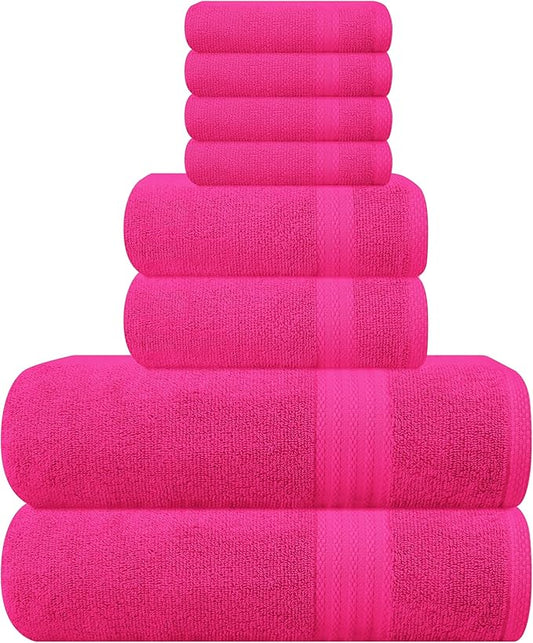 GLAMBURG Ultra Soft 8-Piece Towel Set - 100% Pure Ringspun Cotton, Contains 2 Oversized Bath Towels 27x54, 2 Hand Towels 16x28, 4 Wash Cloths 13x13 - Ideal for Everyday use, Hotel & Spa - Hot Pink