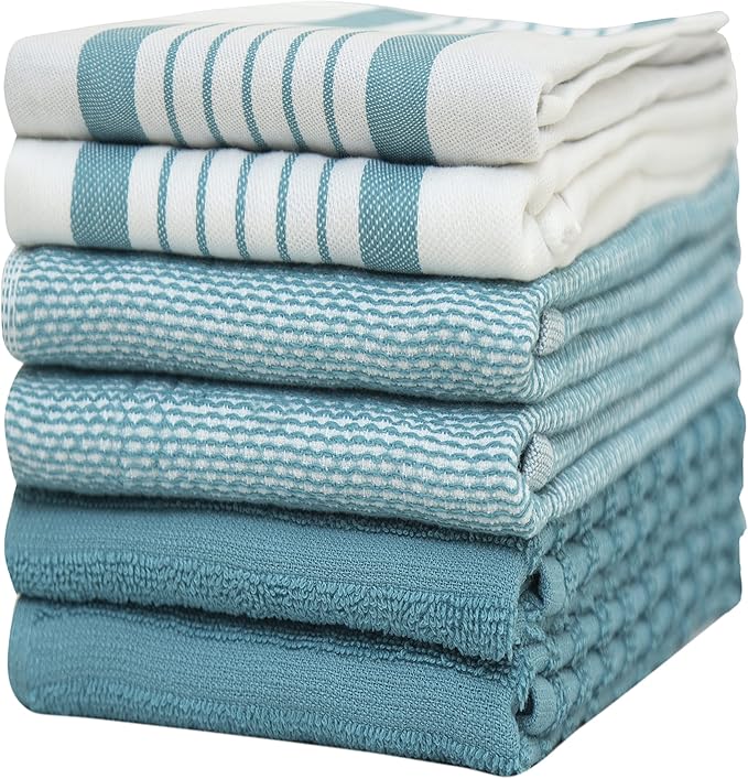 Premium Kitchen Towels (20”x 28”, 6 Pack) – Large Cotton Kitchen Hand Towels – Flat & Terry Towel – Highly Absorbent Tea Towels Set with Hanging Loop (Aqua)