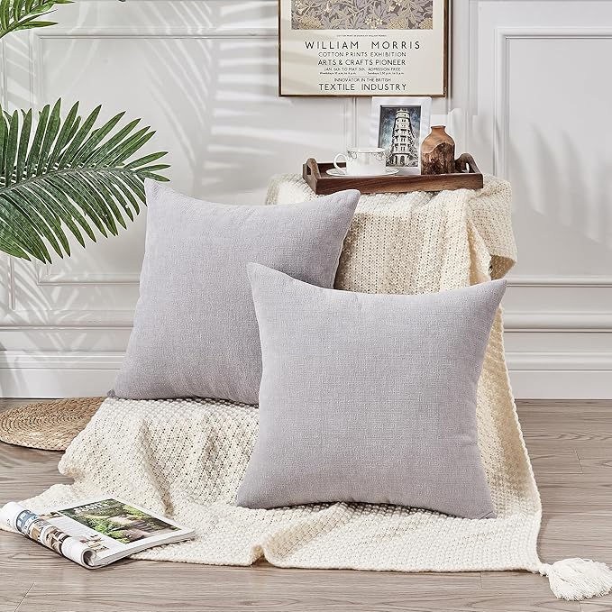 GAWAMAY Decorative Square Throw Pillow Covers 18"x18" Inch Set of 2, Super Soft Chenille Pillows Farmhouse Fall Pillowcase for Living Room Bedroom Sofa Couch Cushion Cover Light Grey 45x45cm