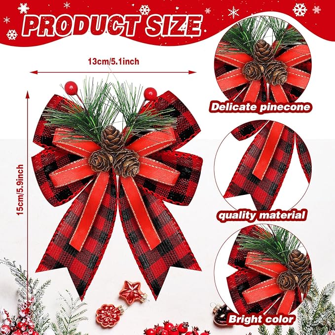 Syhood 6 Pcs Christmas Bows with Pine Cones Pine Needles Xmas Buffalo Plaid Bows Black White Plaid Ribbon Christmas Tree Wreath Decoration for Xmas Parties Indoor Outdoor Crafts DIY Decor