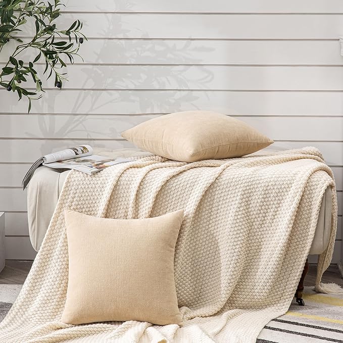GAWAMAY Decorative Square Throw Pillow Covers 20"x20" Inch Set of 2, Super Soft Chenille Pillows Farmhouse Fall Pillowcase for Living Room Bedroom Sofa Couch Cushion Cover Beige 50x50cm (No Insert)