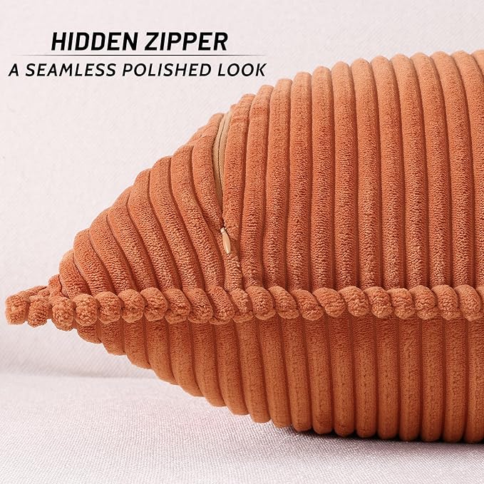 Mecatny Corduroy Fall Throw Pillow Covers 12x20 Set of 2, Neutral Decorative Soft Burnt Orange Boho Lumbar Couch Pillow Covers with Broadside for Sofa Living Room, Rust