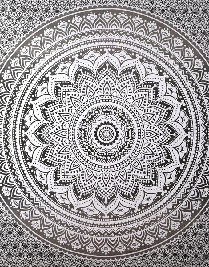 RAJRANG Large Mandala Tapestry for Bedroom and Living Room Wall Hanging Cotton Tapestries (Grey and White, Ombre, 90x84 Inch, Queen Size)
