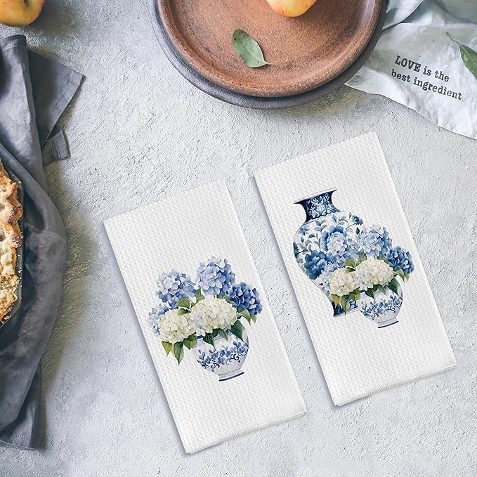 Blue and White Porcelain Chinoiserie Kitchen Towels Set of 2, Hydrangea Floral Dish Towels Tea Towels for Kitchen, Chinoiserie Decor Hand Towels for Bathroom, Grand Millenial Decor 16x24 Inch