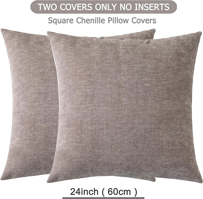 GAWAMAY Decorative Chenille Throw Pillow Covers 24x24 Inch Pack of 2, Soft Square Couch Pillow Cover for Sofa Cushion Living Room Bedroom Pillowcases Taupe Grey 60x60cm (ONLY Covers)
