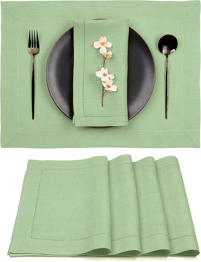 D'Moksha Homes Sage Green Linen Cloth Placemats Set of 4-100% Pure Linen Hemstitch Placemats 14 x 19 Inch - Classic Hemstitch Table Place Mats for Fall, Halloween - Handcrafted and Machine Washable