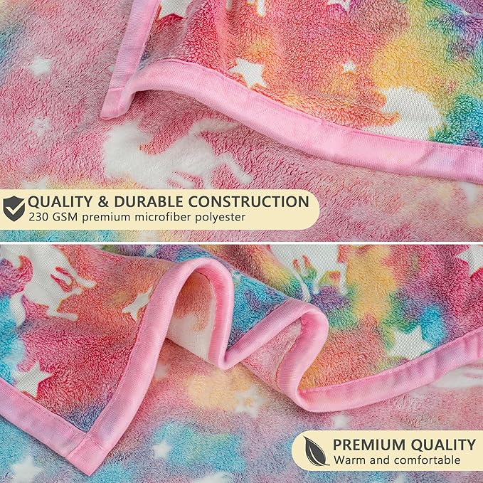 Unicorn Glow In The Dark Wearable Blanket For Girls- Soft Warm 52"X60" Flannel Fleece Unicorn Gifts For Girls Age 8-10, 6-8, 4-6, Hooded Throw Blanket Gift For Kids