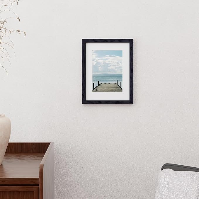 Black Picture Frame 8.5x11, Natural Oak Wood 8.5 x 11 Photo Frame, 8.5 by 11 Frame for Wall, 8.5x11 Picture Frame with Mat for 6x8, Tempered Real Glass, Black Color, Set of 1