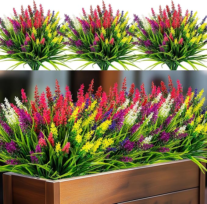 Artificial Flowers for Outdoor Plants 24 Bundles Fake Lavender Plastic Faux Monkey Grass for Verandah Window Garden Office Patio Front Porch UV Resistant for Planter(6 Color)