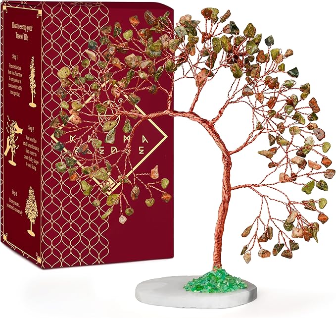 Unakite Healing Crystal Tree of Life for Home and Office Decor, Positive Energy, Wealth, Good Luck, Reiki Healing Crystals and Stones, Handmade Feng Shui Decoration, Birthday Gifts for Women, Mom