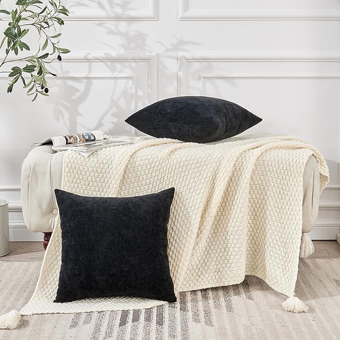 GAWAMAY Decorative Square Throw Pillow Covers 18"x18" Inch Set of 2, Super Soft Chenille Pillows Farmhouse Fall Pillowcase for Living Room Bedroom Sofa Couch Cushion Cover Black 45x45cm (No Insert)