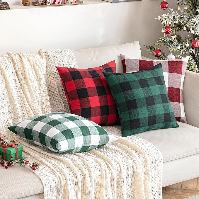 MIULEE Christmas Pack of 2 Buffalo Check Plaids Throw Pillow Covers Classic Retro Linen Farmhouse Cushion Case Soft Square Pillowcases for Home Decor Sofa Bedroom Couch 16 x 16 Inch Green and Black