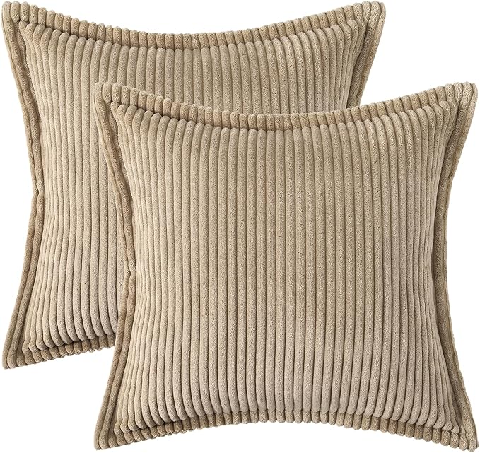 Mecatny Corduroy Throw Pillow Covers 22x22 Set of 2, Neutral Decorative Soft Boho Couch Pillow Covers with Broadside for Sofa Living Room, Khaki