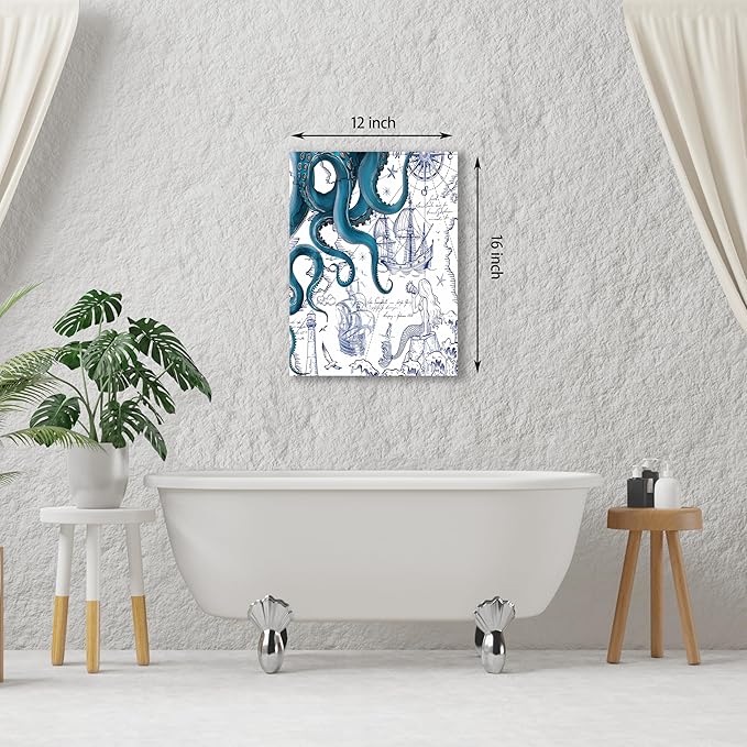 Nautical Ocean Wall Art, Coastal Canvas Print with Octopus and Ships, Blue Marine Life Artwork Decor for Bathroom, Coastal Bedroom, Living Room or Beach House 12 x 16 inches