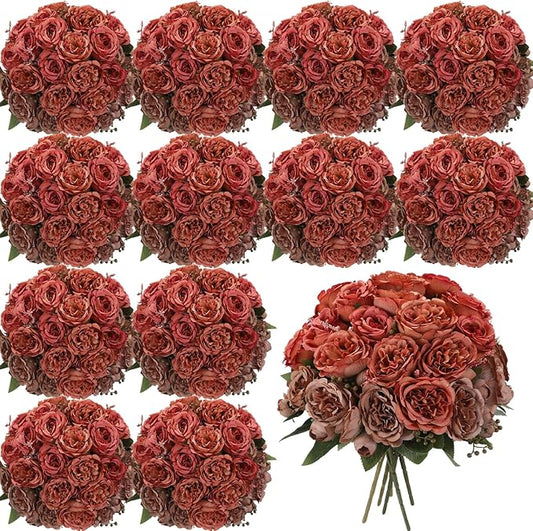 Geosar 16 Bundles Artificial Peonies Flowers Fake Silk Peony Bouquet Faux Peonies Flowers Bulk for Decoration Vase Florals Arrangements Wedding Party Table (Orange,Brown)