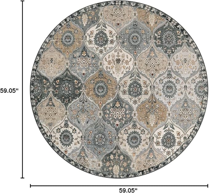 Lahome Moroccan Trellis Washable Circle Rug, Round Rug 5ft Soft Non-Slip, Non-Shedding Distressed Round Carpet for Bedroom Living Room Bathroom Nursery Kitchen, Grey