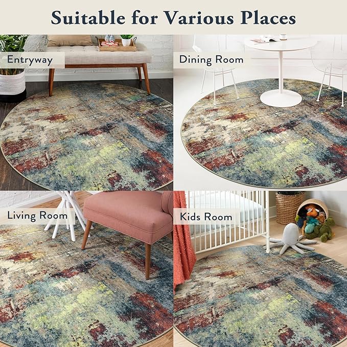 Lahome Modern Abstract Round Rug 5ft - Washable 5x5 Circle Rugs for Bedroom Dining Table Non Slip Non-Shedding, Soft Floor Carpet for Living Room Nursery Dorm Kitchen,Red/Multi