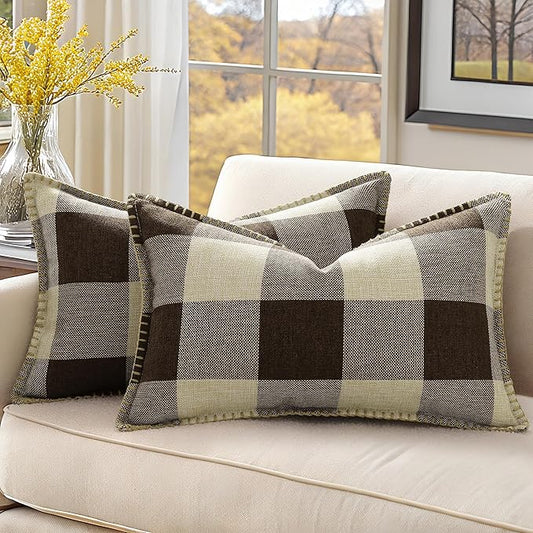 decorUhome Buffalo Plaid Check Throw Pillow Covers 12x20 Set of 2, Outdoor Lumbar Linen Decorative Farmhouse Gingham Pillow Covers with Stitched Edge for Bed Couch Sofa, Brown and Beige