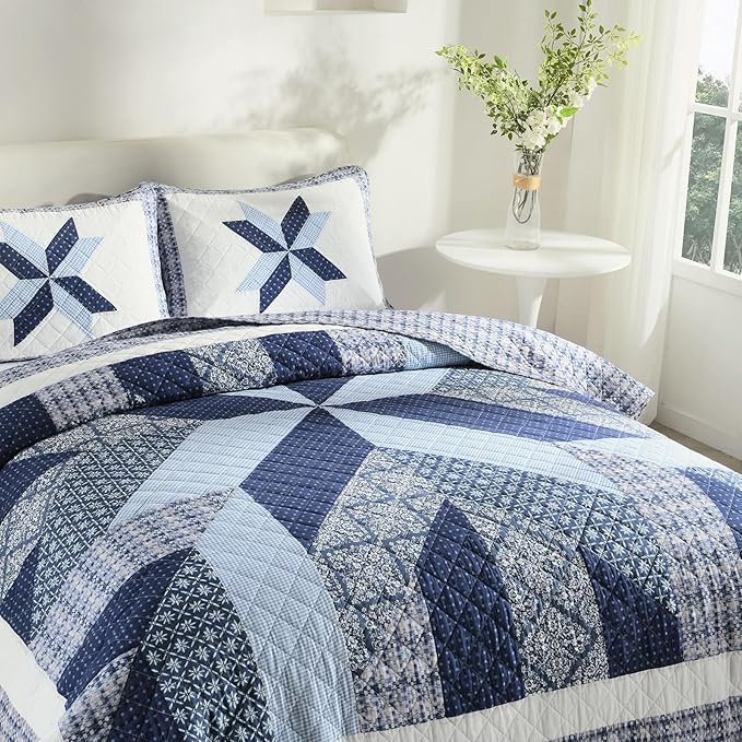 Secgo Handmade Quilted 100% Cotton King Comforter Set for Bed - 100% Cotton Quilts King Size, Black Bedspreads (96 * 108 Inch) with 2 Pillow Shams, Patchwork Reversible Lightweight Bedding