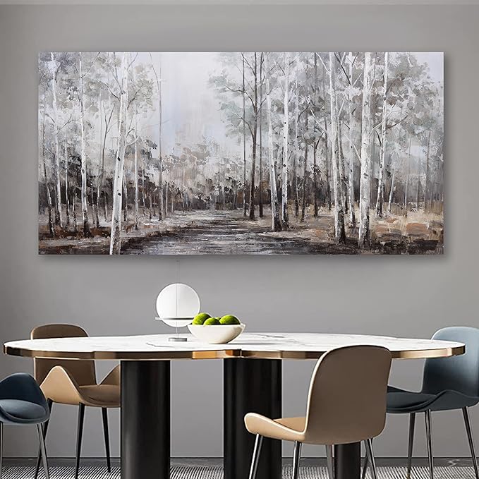 White Birch Tree Wall Art Grey Forest Painting Abstract Canvas Art Landscape Panoramic Picture Nature Artwork Framed for Living Room Bedroom Dinning Room Home Office Wall Decor 59"x28"