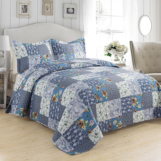 VAPUTAR Queen Size Quilt Set - Reversible Floral Queen Size Bedspreads with Wavy Edges - Lightweight Farmhouse Queen Quilt Bedding Sets for Bed Decorations, 3 Pieces
