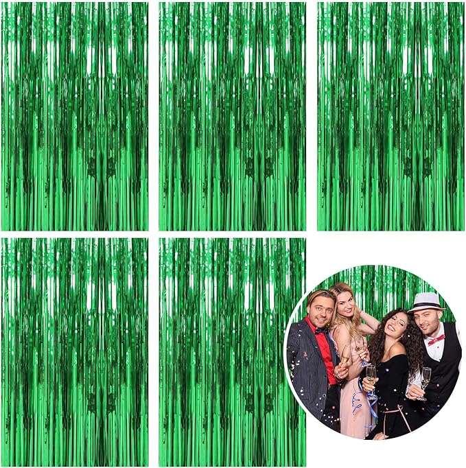 5 Pack Foil Curtain Backdrop Green Metallic Tinsel Foil Fringe Curtains Photo Booth Props for Birthday Wedding Engagement Baby Shower Bachelorette Christmas Holiday Celebration Party Decorations
