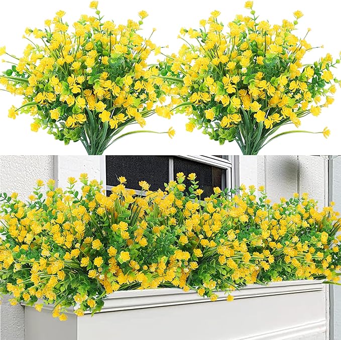 Sggvecsy Artificial Flowers for Outdoors 24 Bundles UV Resistant Boxwood Shrubs Artificial Eucalyptus Fake Plants Faux Plastic Greenery for Farmhouse Garden Home Indoor Outdoor Decoration（Yellow）