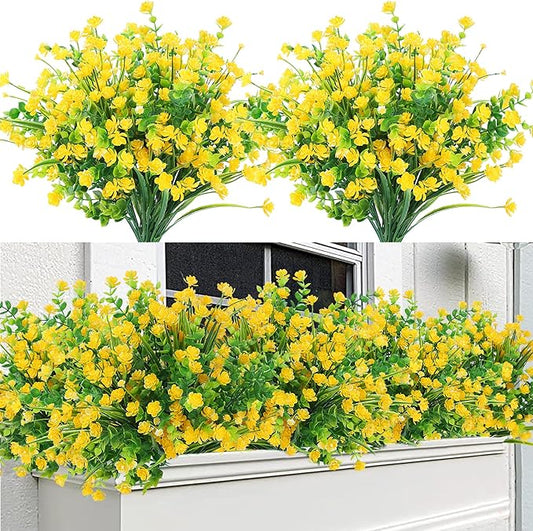 Sggvecsy Artificial Flowers for Outdoors 12 Bundles UV Resistant Boxwood Shrubs Artificial Eucalyptus Fake Plants Faux Plastic Greenery for Farmhouse Garden Home Indoor Outdoor Decoration（Yellow）