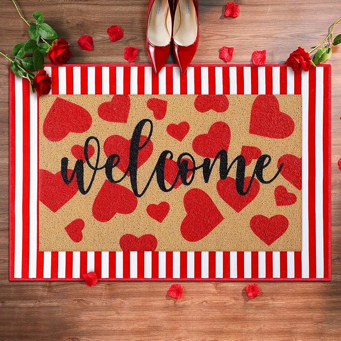 2 Pcs Valentines Welcome Door Mat Heart Outdoor Welcome Mats for Front Door Non Slip Heart Coir Floor Mat Red White Stripe Valentines Rug for Outside Front Porch Entryway Decor