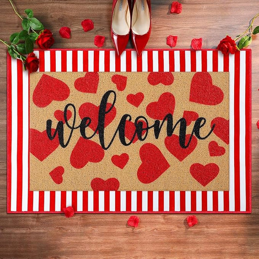 2 Pcs Valentines Welcome Door Mat Heart Outdoor Welcome Mats for Front Door Non Slip Heart Coir Floor Mat Red White Stripe Valentines Rug for Outside Front Porch Entryway Decor